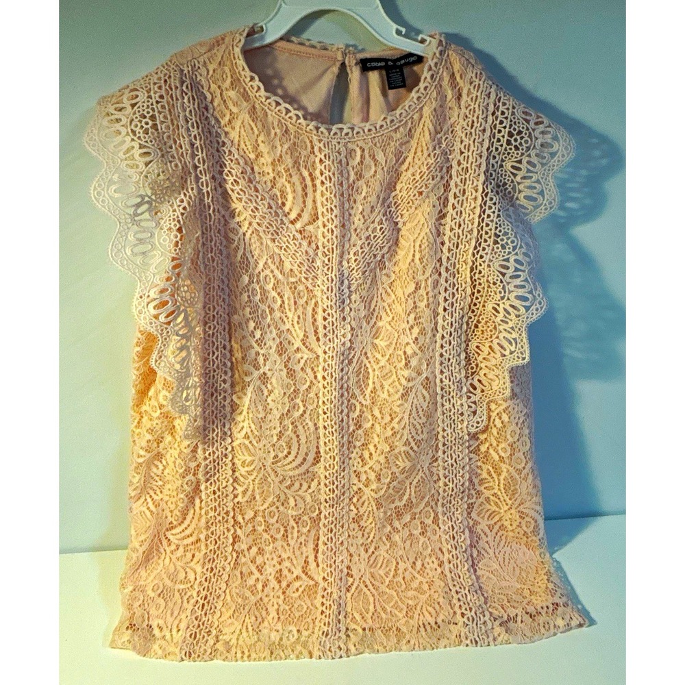 Cable & Gauge Pink Floral Lace Round Neck Keyhole Flutter Sleeve Blouse L